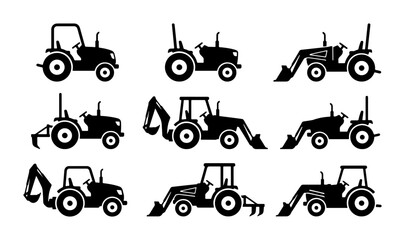 Naklejka premium Tractor Icons Set: Agricultural Machinery Vector Graphics, Farm Equipment Silhouettes for Rural Industry