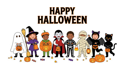 Fototapeta premium Happy Halloween Illustration: A whimsical cartoon illustration depicts a parade of costumed children celebrating Halloween, featuring a ghost, witch, pumpkin, vampire, mummy, and bat.