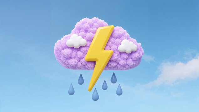Isolated Purple Rain Cloud with Lightning Bolt PNG &ndash; 3D Cartoon Weather Storm Icon