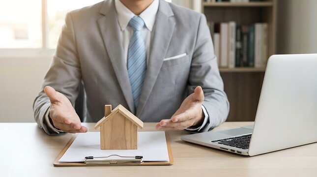 A real estate agent gestures toward a model house on a clipboard. Perfect for property insurance or mortgage loan.