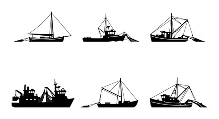 Fishing Boat Silhouettes, Commercial Trawlers, Sailing Vessels, Marine Transportation Set © Arko