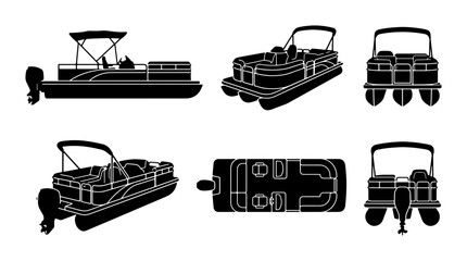 Pontoon Boat Silhouettes: Multiple Views, Vector Icons for Marine Recreation and Watercraft Design © Arko