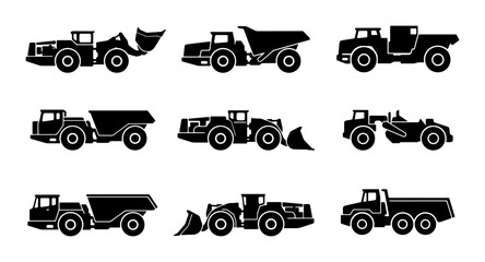 Construction Vehicle Icons Set: Heavy Machinery Silhouettes for Industry and Building Projects © Arko