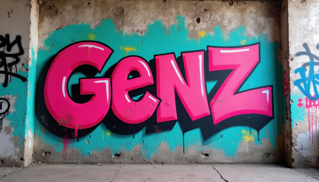 Graffiti mural shows pink GenZ letters on turquoise wall. Urban art spray painted on weathered concrete. Street culture and youth expression.