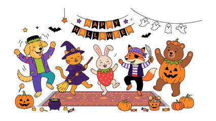 Fototapeta premium Halloween Party Animals: A delightful illustration of anthropomorphic animal characters dressed in Halloween costumes, dancing joyfully with pumpkins and spooky decorations.
