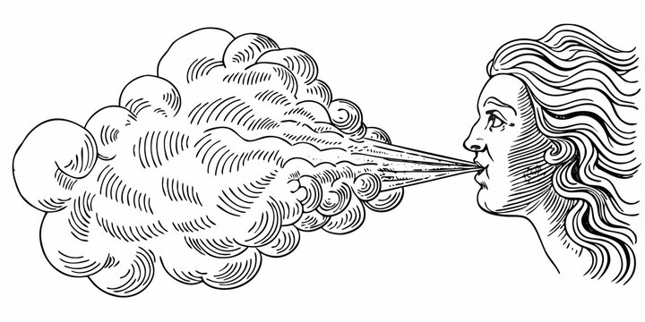 Vintage woodcut engraving depicting a face blowing wind with swirling cloud formations