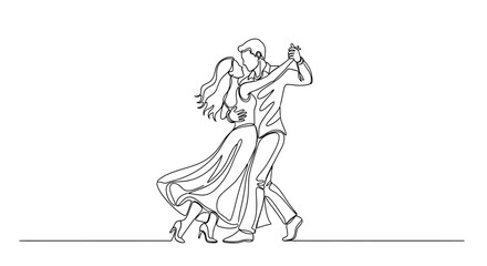 Obraz premium Couple dances together in a romantic pose using elegant continuous line.