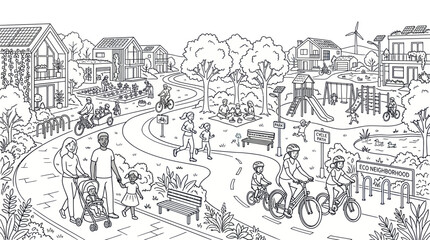 Obraz premium Active suburban park neighborhood with people cycling.