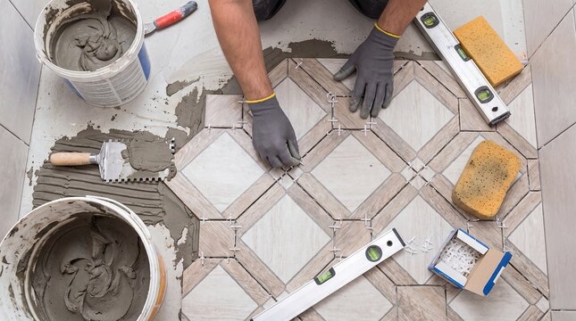 tile installation flooring tiler renovation ceramic mortar construction pattern workmanship Gloved installer aligns floor tiles with spacers and levels for contractor services and remodeling tutorials