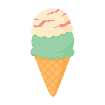 Two pastel ice cream scoops with strawberry swirls served in a crisp waffle cone.