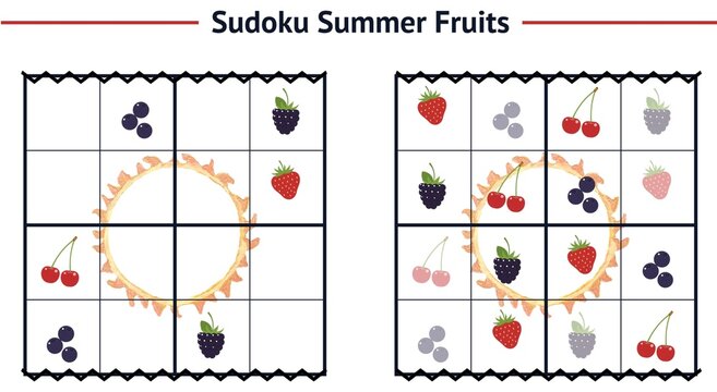 Kids sudoku puzzle game with summer fruits and hand-drawn sun