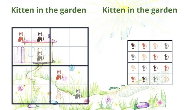 Kids sudoku puzzle game with cute hand-drawn kittens in the garden