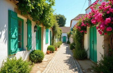 Obraz premium Narrow cobblestone path between white houses with bright teal shutters, doors. Rich green vines, pink flowers climb walls under clear blue sky. Peaceful village scene offers summer vacation charm.