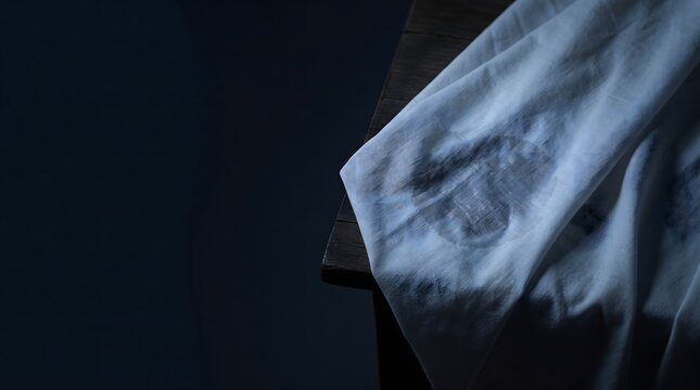 White cotton bedsheet with single damp patch under cool moonlight on dark surface, night sweats and quiet hormonal discomfort concept art horizontal with copy space