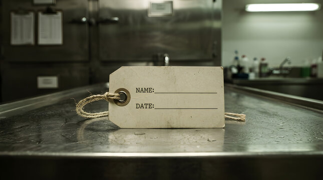 Blank Toe Tag on Morgue Stainless Steel Table