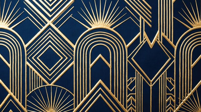 Luxurious Art Deco seamless pattern with golden geometric arches, diamonds and sunburst lines on a deep navy blue background