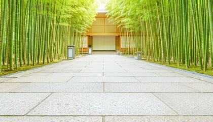 新緑の竹林に囲まれた高級旅館の石畳アプローチ、涼しげな木漏れ日と和モダンのコピースペース背景、生成AI