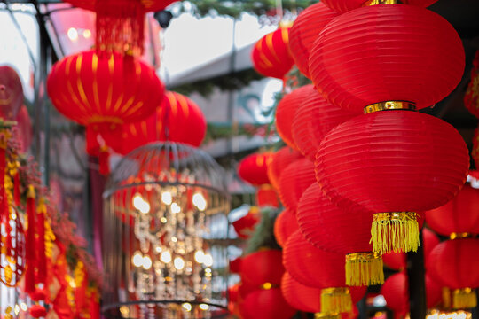 The street is decorated with Chinese red paper lanterns. Chinese New Year. National Chinese New Year decorations. Traditional red lanterns on the streets. Chinese paper lantern.
