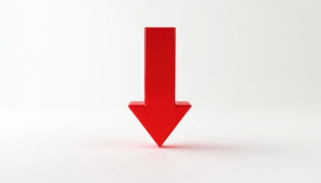 Glossy red arrow points downward on clean white background. Three dimensional digital icon indicates direction data download process. Minimalist graphic shape represents decline decrease trends in