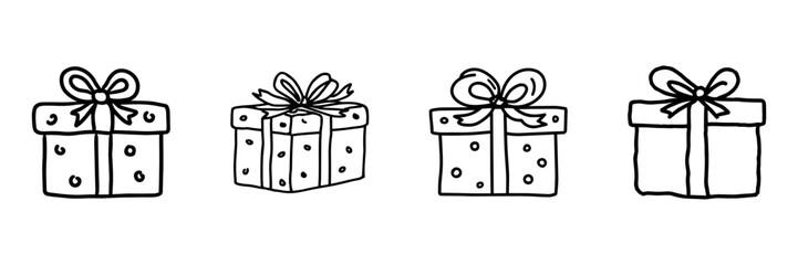 Fototapeta premium Gift Box Hand Drawn Doodle Icon Set. Wrapped Present, Ribbon Bow And Celebration Package Sketch Symbol Collection. Holiday, Birthday And Retail Gifting. Isolated Vector Illustration