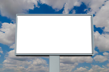 Fototapeta premium Blank white billboard or large advertising display against blue sky with white clouds - mock up, front view. Mockup, copy space, outdoor advertising, marketing, white screen and template concept