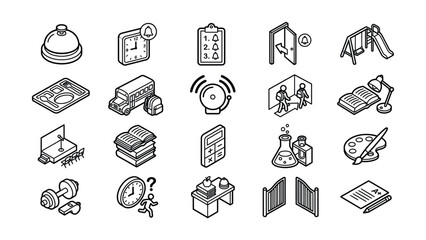 Fototapeta premium black and white line drawing illustrations of various school supplies and objects