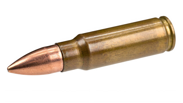 Single rifle cartridge isolated on white. Brass ammunition bullet for hunting or sport shooting.