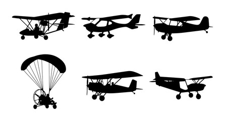 Aircraft Silhouettes: Ultralight, Biplane, Paraglider, Cessna, Aviation Icons © Priyo