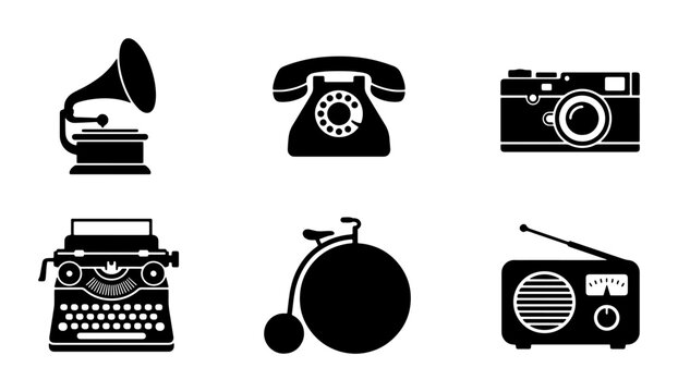Retro Technology Icons: Vintage Gramophone, Rotary Phone, Camera, Typewriter, Penny-Farthing, Radio