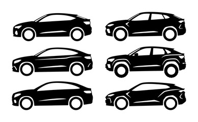 Fototapeta premium Modern SUV and Coupe Car Silhouettes, Black Vector Icons for Automotive Design and Transport Concepts