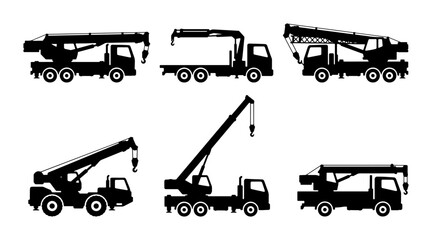 Crane Trucks Silhouettes, Construction Vehicles Set, Industrial Machinery Icons, Heavy Equipment Vector Graphics © Priyo