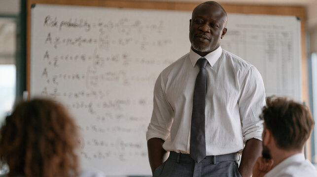 Actuarial science workroom, a Nigerian actuary standing at a whiteboard covered in risk probability equations and mortality tables, presenting a pension fund analysis to two