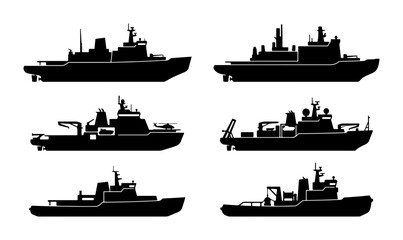 Modern Warships Silhouette Set, Naval Fleet Vector Icons, Military Vessels Collection © Priyo
