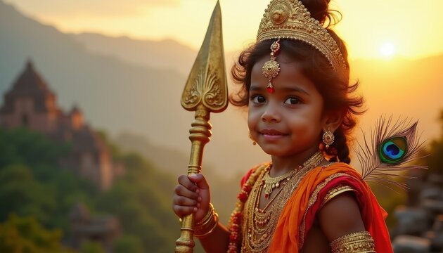 Little boy dressed as Hindu deity Murugan holding golden vel spear. Child wears traditional Indian jewelry crown, orange clothing. Peacock feather adorns shoulder near ancient stone temple backdrop.