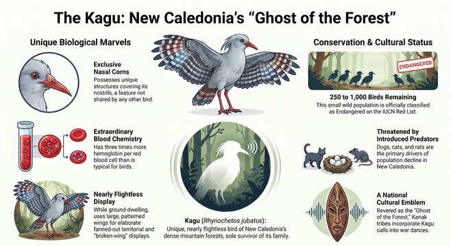 Educational infographic exploring the kagu, its taxonomy, unique traits, forest habitat, behavior, evolution and conservation status.