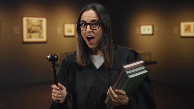 Woman holds gavel and stack of books, mouth open in surprise inside gallery building; surprise authority.