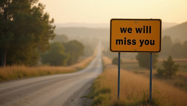 Yellow road sign shows text miss on empty highway background. Concept of farewell departure leaving job team resignation end of relations. Signpost stands in morning landscape outdoors. Signifies