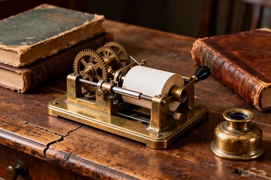 Vintage brass telegraph machine on wooden desk