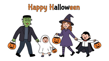 Happy Halloween Family Costume Party: A family dressed in festive Halloween costumes, including Frankenstein, a ghost, a witch, and a vampire.
