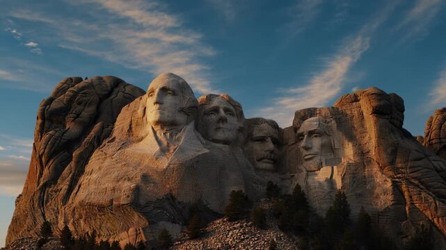 Iconic Mount Rushmore National Memorial featuring the carved faces of four U.S. presidents against a dramatic sky.