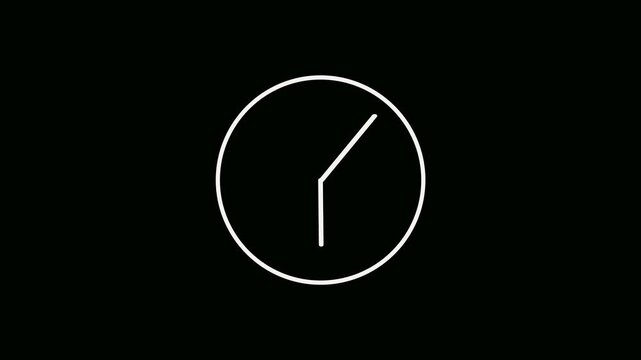 Minimalist white clock outline animation with moving hands on a black background for alpha channel overlay and motion graphics projects