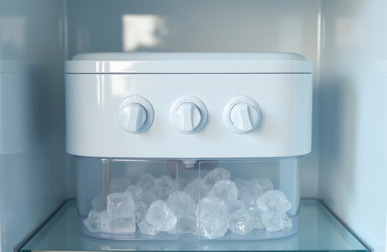 Modern refrigerator ice maker with three controls and clear bin full of fresh ice cubes. Convenient kitchen appliance for cold drinks and food freshness.