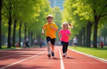 Fototapeta premium Happy boy, girl run on outdoor stadium track in city park. Children enjoy summer athletic training together. Young athletes wear colorful tshirts practice active lifestyle. Kids jog fast on red