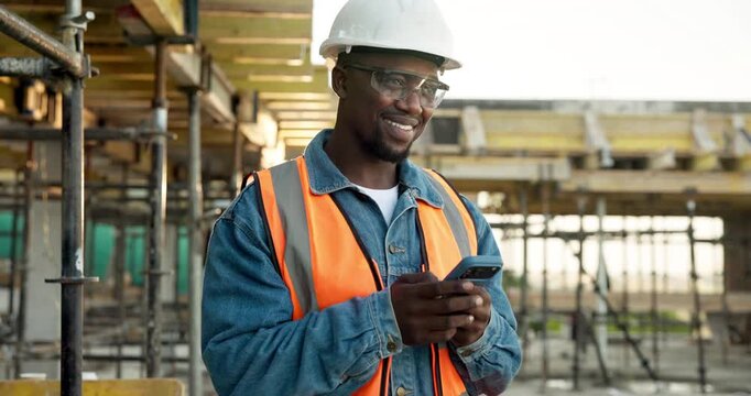 Builder, man and thinking on construction site with phone, smile and check social media app on break. Happy, black person and contractor outdoor with tech, PPE or reflection for text message response