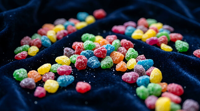 A vibrant pile of colorful sugar-coated candy pebbles scattered on a dark blue textured fabric