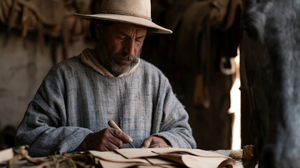 Fototapeta premium An Argentinian gaucho repairs leather stirrup rigging in a dim stable at midday, awl and waxed thread in hand, a horse shifting its weight nearby, saddles hanging on the wall