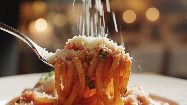 Close-up shot of grated parmesan cheese falling onto a forkful of steaming hot spaghetti pasta with red tomato sauce and basil, served against a warm blurred background.