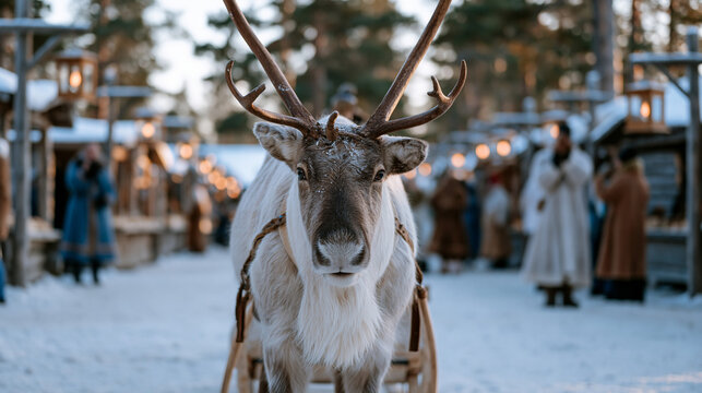 Sami reindeer herder guiding a decorated sled animal through a village marketplace set up for winter solstice celebrations with lanterns strung between wooden stalls and visitors