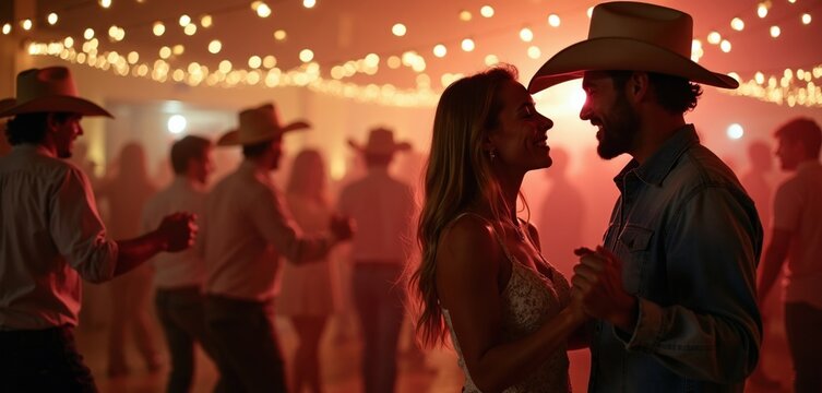 Happy couple dances together at country music party. Man wears cowboy hat, woman smiles in night club with warm fairy lights. Crowd enjoys festive line dancing event in dance hall. People celebrate