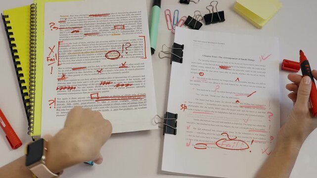 Top view of chef editor desk full of work. Сorrecting what has been written by using artificial intelligence